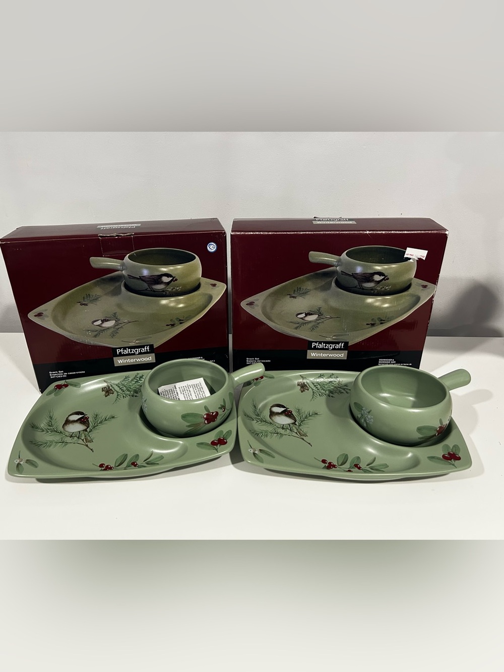2 New In Box Pfaltzgraff Winterwood Snack Set Kitchen Ware Sage Green Bird Holly